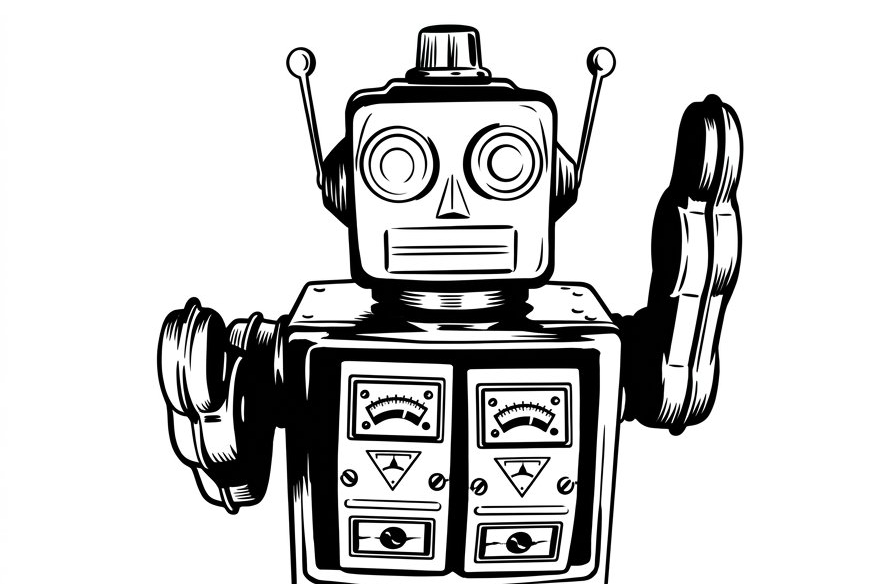 A black and white retro-style robot illustration centered on a plain white background.